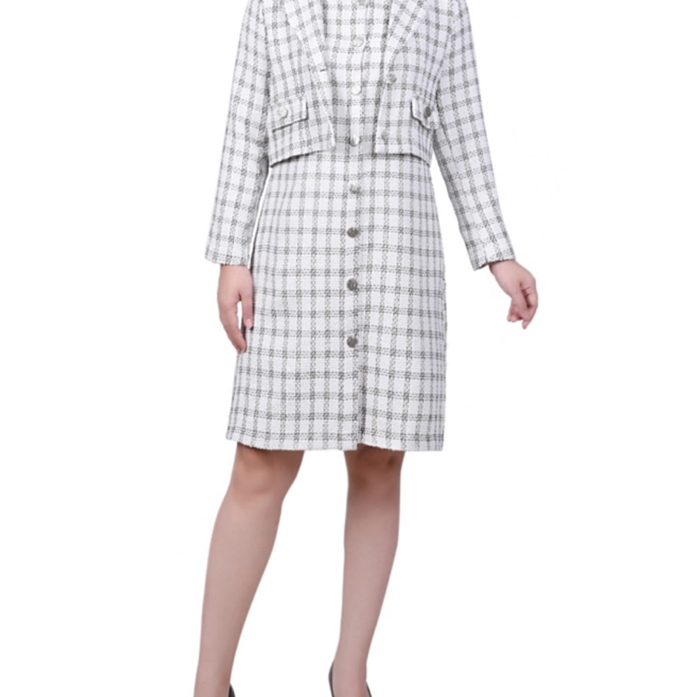 Elegant White and Gray Plaid Coat Dress